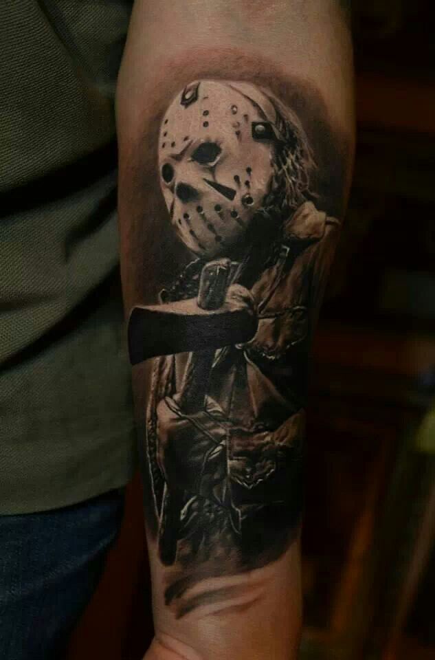 Wonderful Grey Ink Jason Holding Axe Tattoo On Arm Sleeve