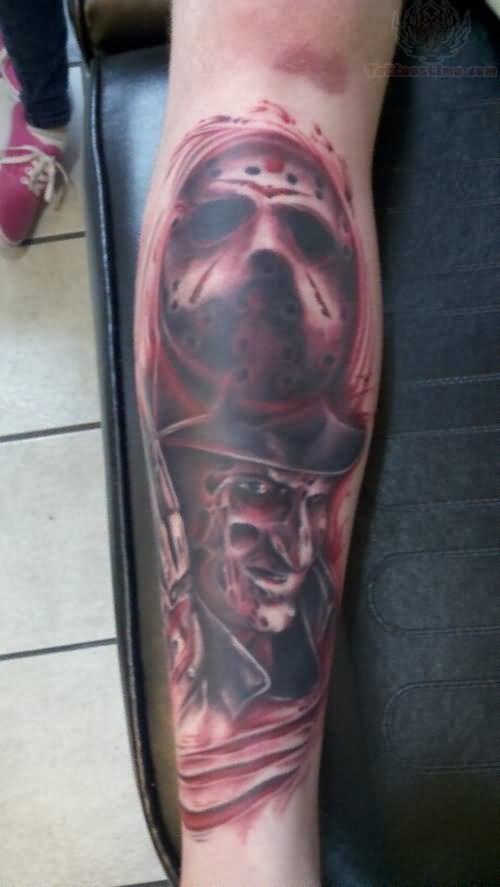 Wonderful Grey Ink Jason Mask And Freddy Tattoo On Forearm