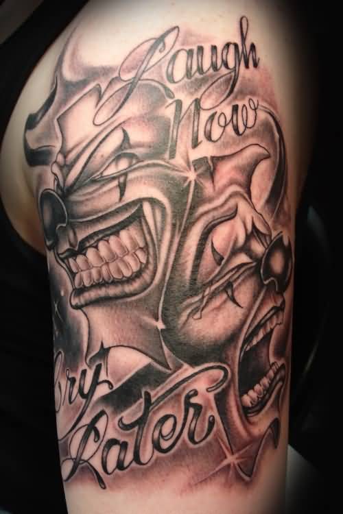 Wonderful Grey Ink Laugh Now Cry Later Jesters Logo Tattoo On Left Half Sleeve