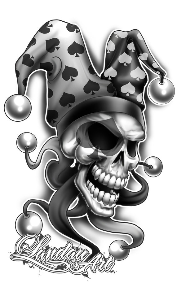 Wonderful Grey Ink Laughing Jester Skull Tattoo Design