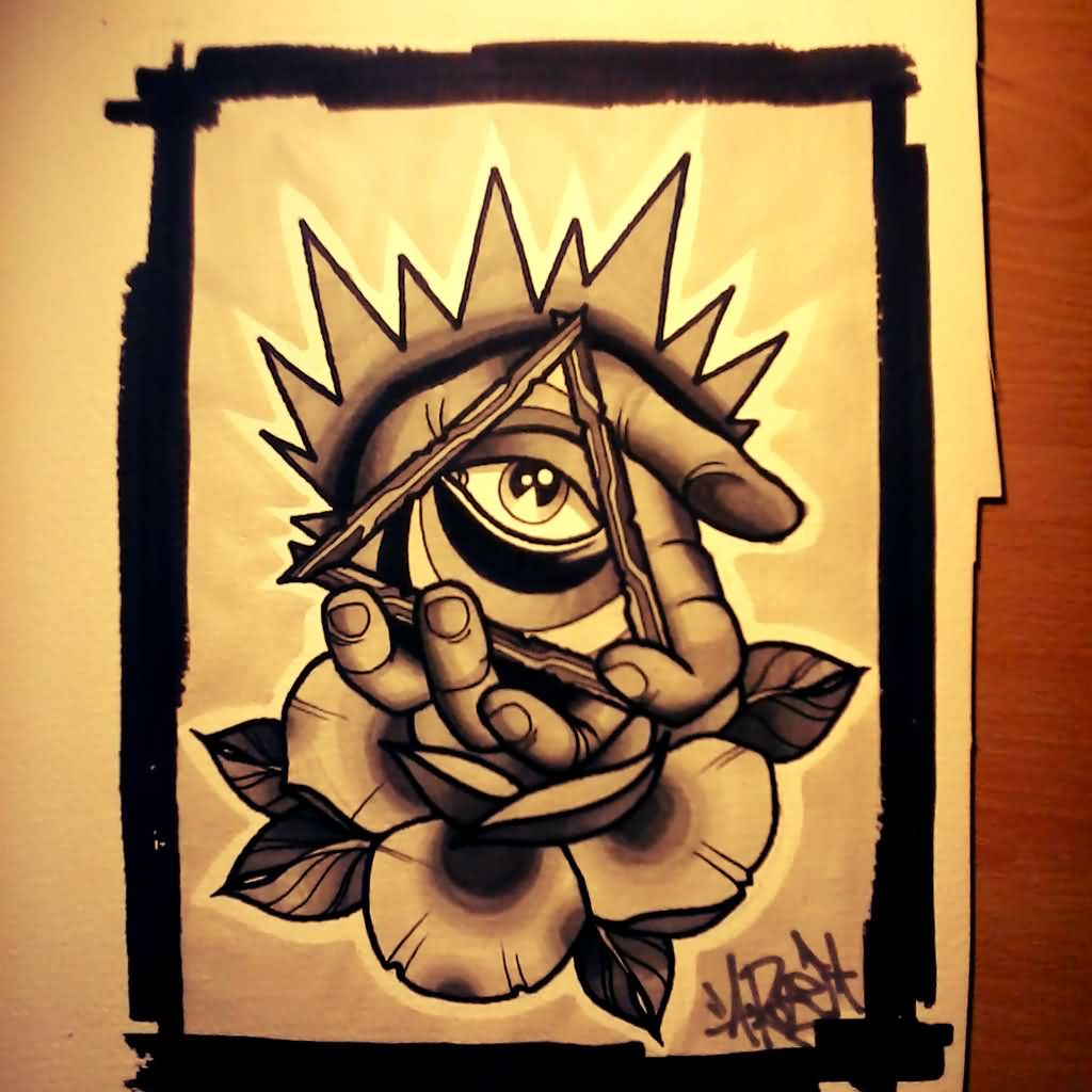 Wonderful Grey Ink Rose And Hand Holding Triangle Eye Tattoo Stencil