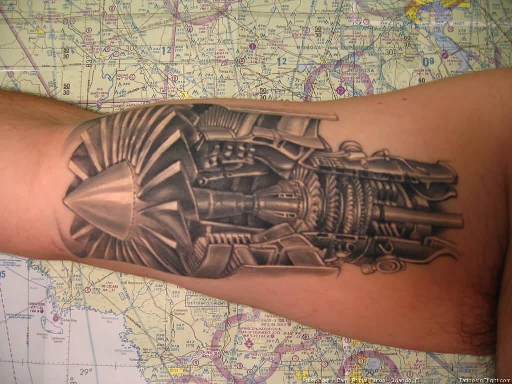 Wonderful Grey Jet Mechanical Engine Tattoo On Bicep