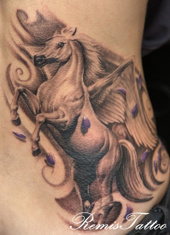 Wonderful Grey Pegasus With Purple Heart Tattoo