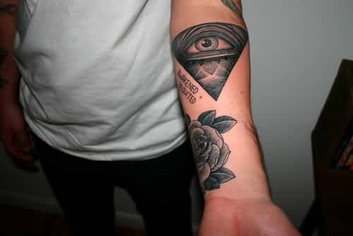 Wonderful Grey Triangle Eye With Rose Tattoo On Forearm
