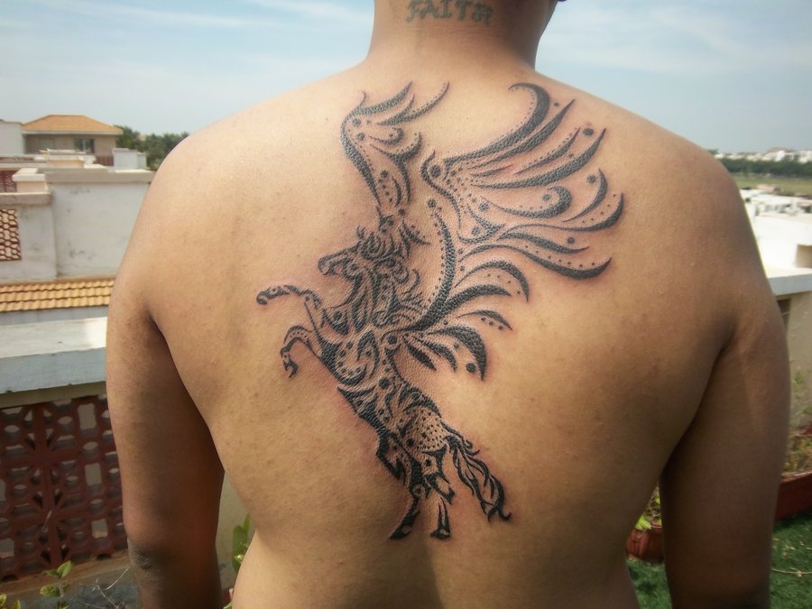 Wonderful Grey Tribal Pegasus Tattoo On Upper Back