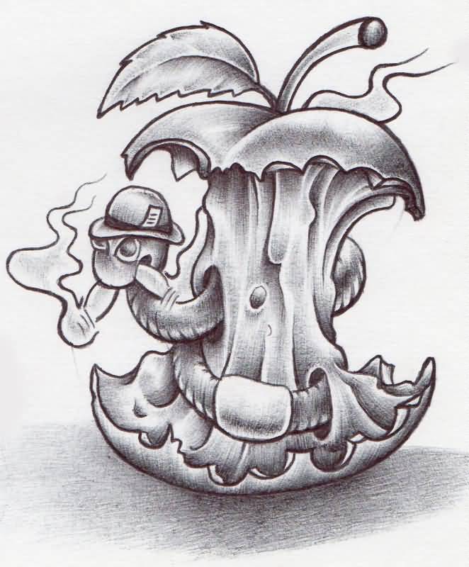 Wonderful Grey Worm Smoking In Rotten Apple Tattoo Design