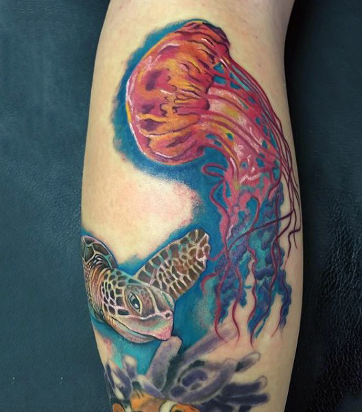 Wonderful Jellyfish And Turtle In Sea Colorful Tattoo
