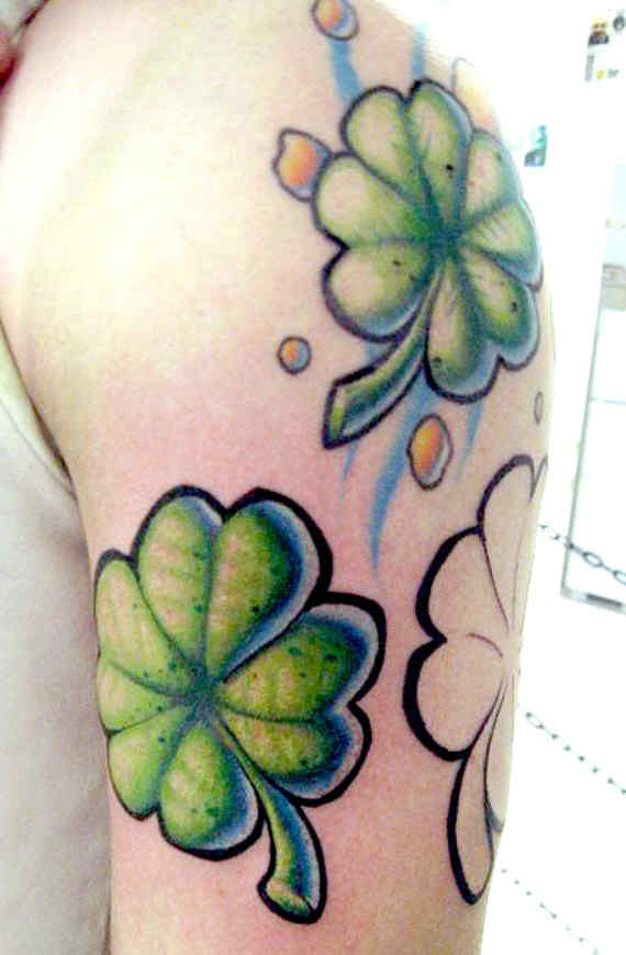 Wonderful Large Four Leaf Shamrocks Tattoo On Left Half Sleeve
