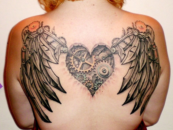 Wonderful Mechanical Heart Shape Having Feathers Tattoo On Upper Back
