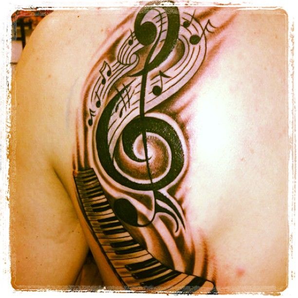 Wonderful Piano Keys And Music Notes Tattoo On Left Back Shoulder
