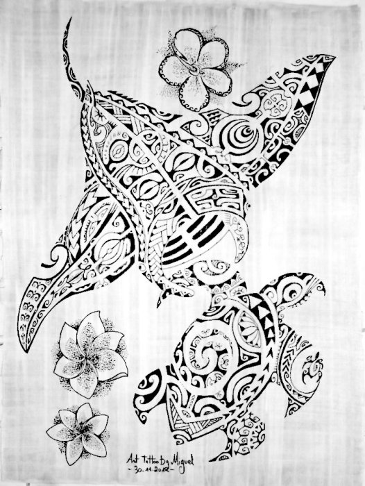 Wonderful Polynesian Tribal Sea Creatures Tattoo Stencil