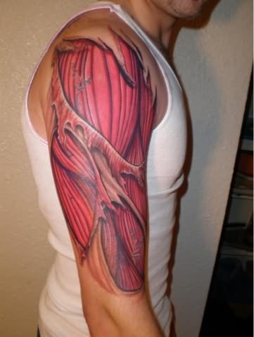 Wonderful Red 3D Muscles Tattoo On Half Sleeve