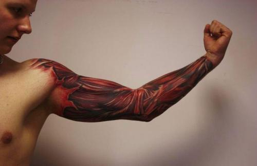 Wonderful Red Muscles Ripped Skin Tattoo On Full Sleeve