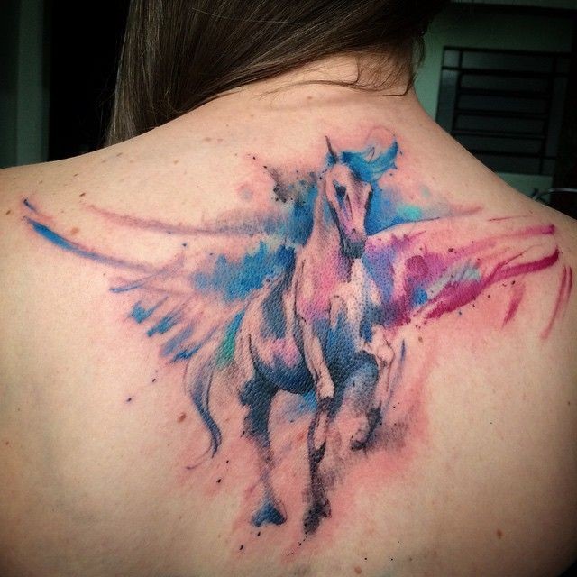 Wonderful Running Pegasus Watercolor Tattoo On Upper Back
