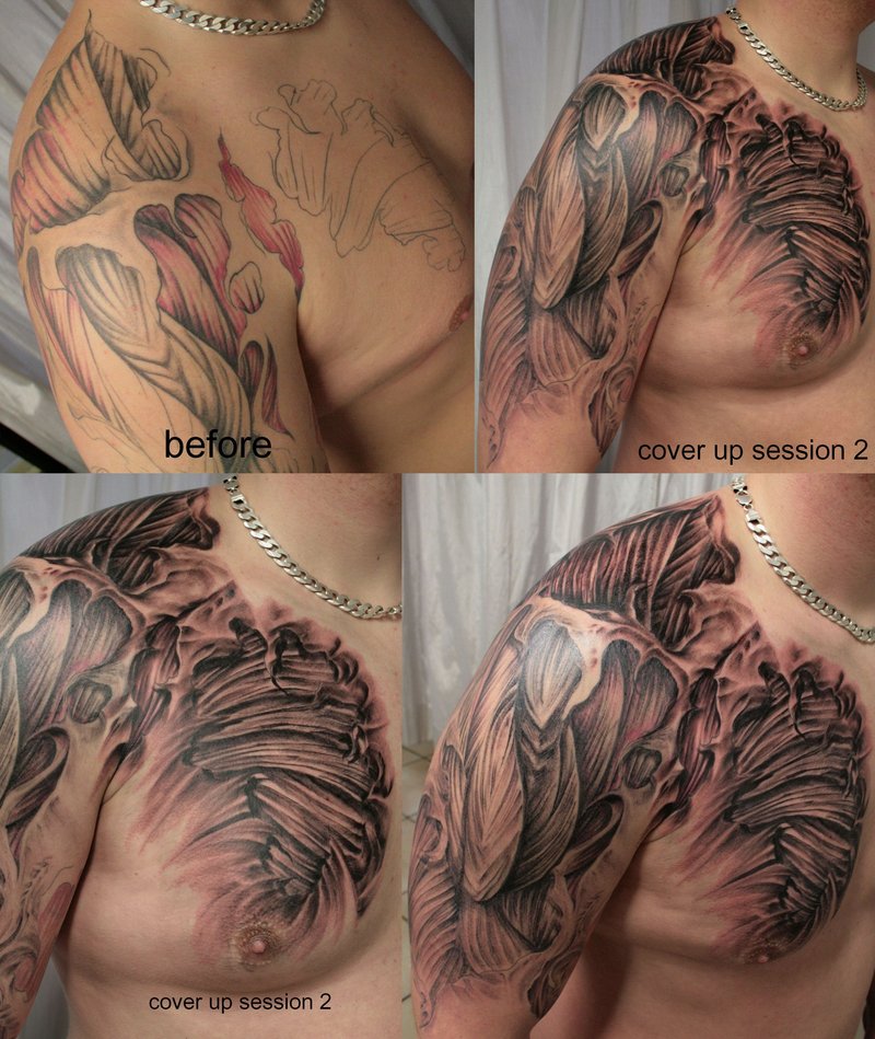 Wonderful Shoulder And Chest Muscles Tattoo
