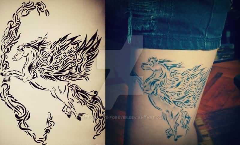 Wonderful Tribal Flying Pegasus Tattoo On Thigh