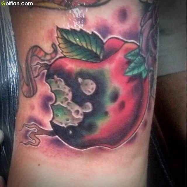 Worm With Rotten Apple Color Tattoo