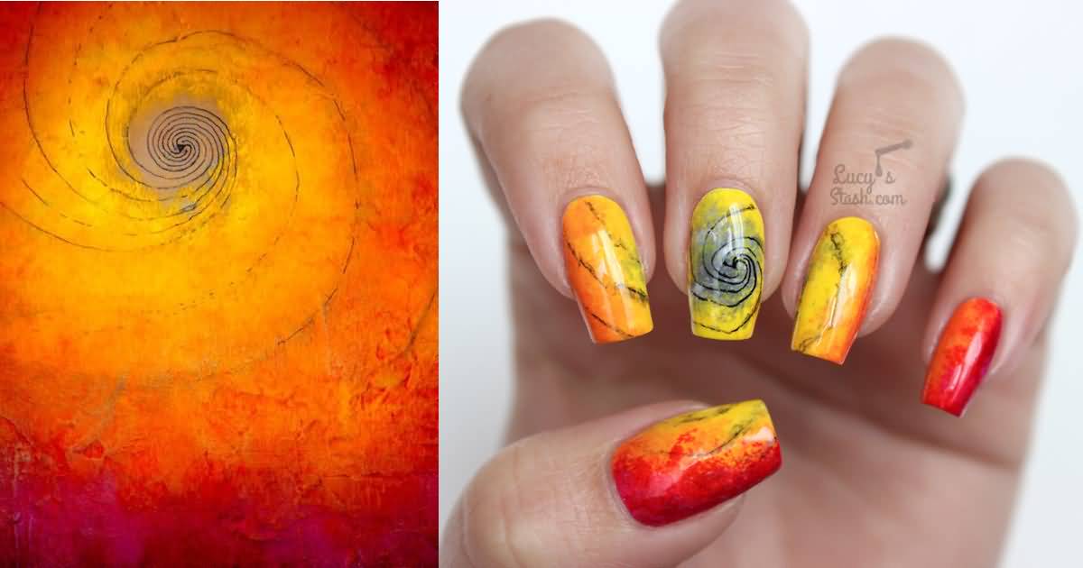 Yellow And Red Spiral Design Nail Art Idea