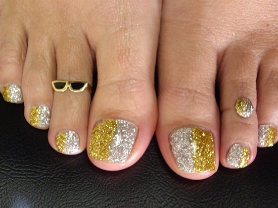 Yellow And Silver Glitter Toe Nail Art