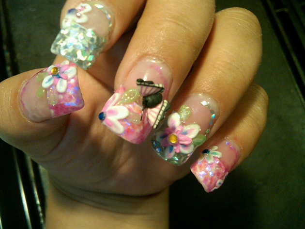 3D Flowers And Butterfly Nail Art Idea