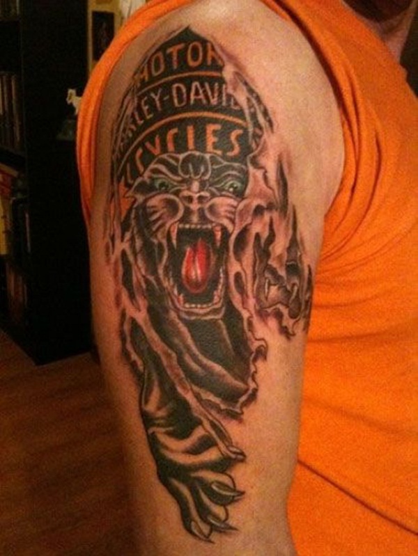 3D Panther And Harley Davidson Logo Tattoo On Right Half Sleeve