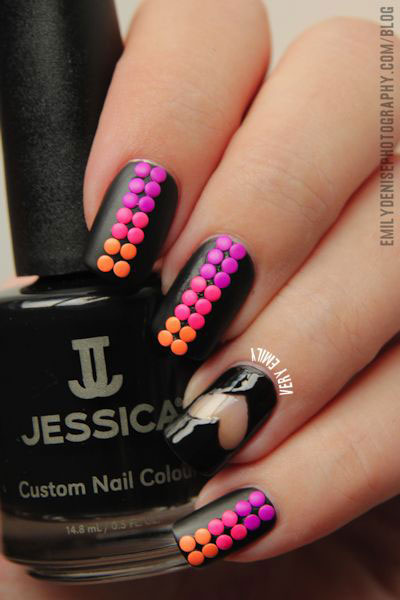 3D Polka Dots With Black And Nude Accent Heart Nail Art Idea