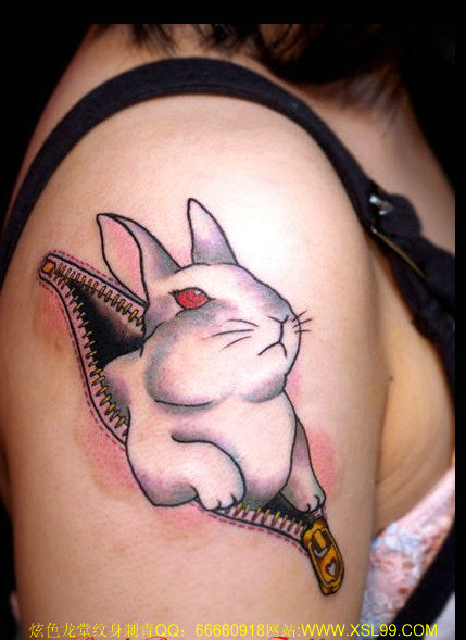 3D Rabbit Coming Out Zipper Tattoo On Right Shoulder For Girls