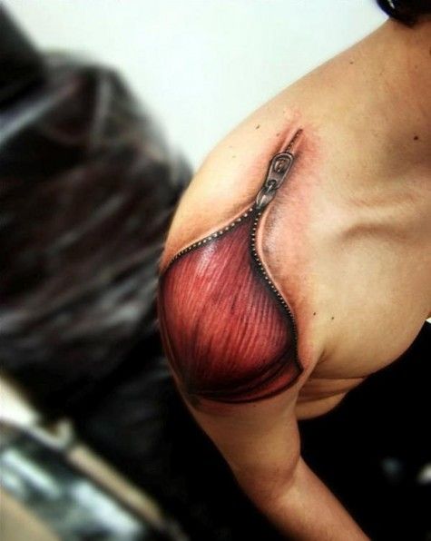 3D Zipper And Inner Skin Tattoo On Right Shoulder