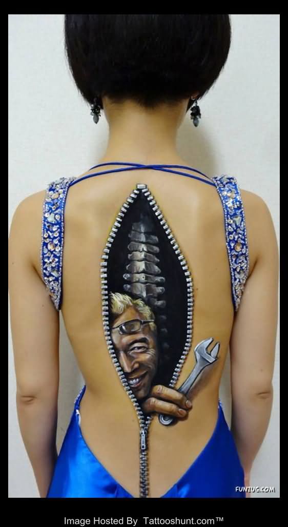 3D Zipper And Men With Spanner Tattoo On Full Back For Girls