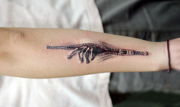 3D Zipper Skeleton Hand Tattoo On Arm Sleeve