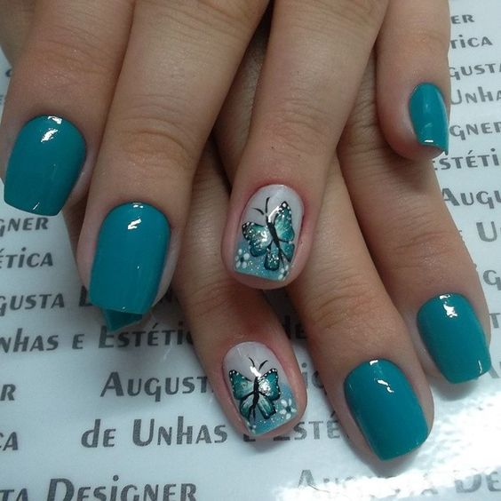 Accent Blue Butterflies Nail Art Design Idea