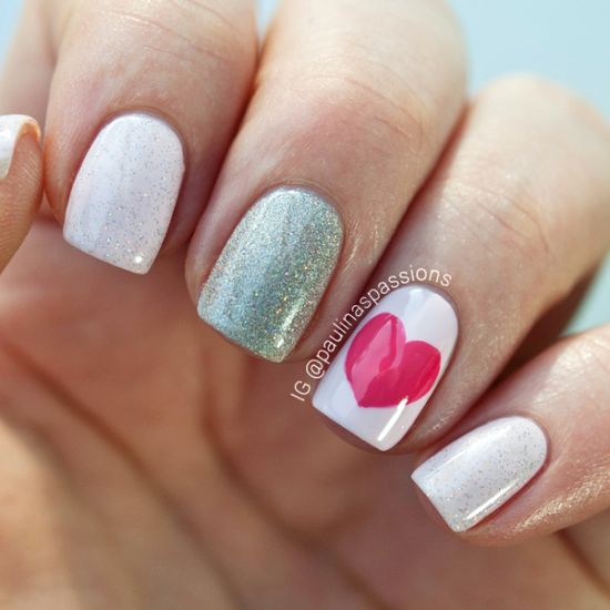 Accent Glossy Pink Heart Nail Art Design Idea