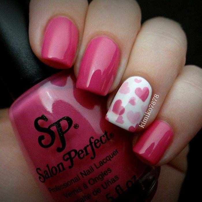 Accent Pink Hearts Nail Art Design Idea