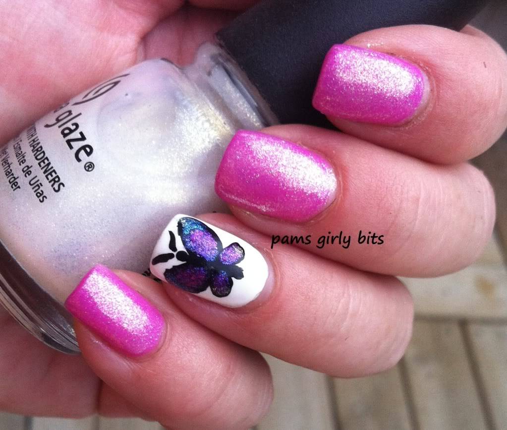Accent Purple Butterfly Nail Art On White Nails