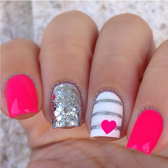Accent Silver Stripes And Pink Heart Nail Art
