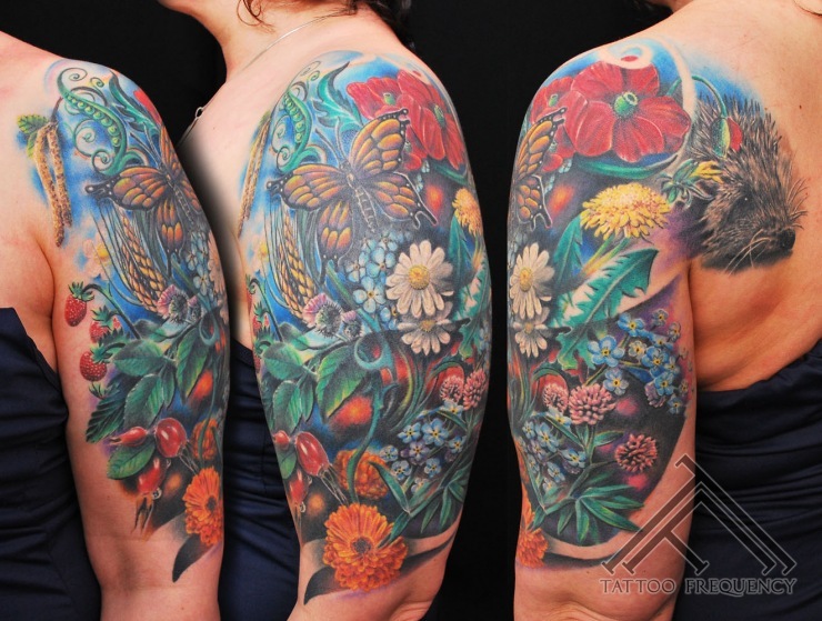 Amazing 3D Flowers And Plant Colorful Tattoo On Left Half Sleeve