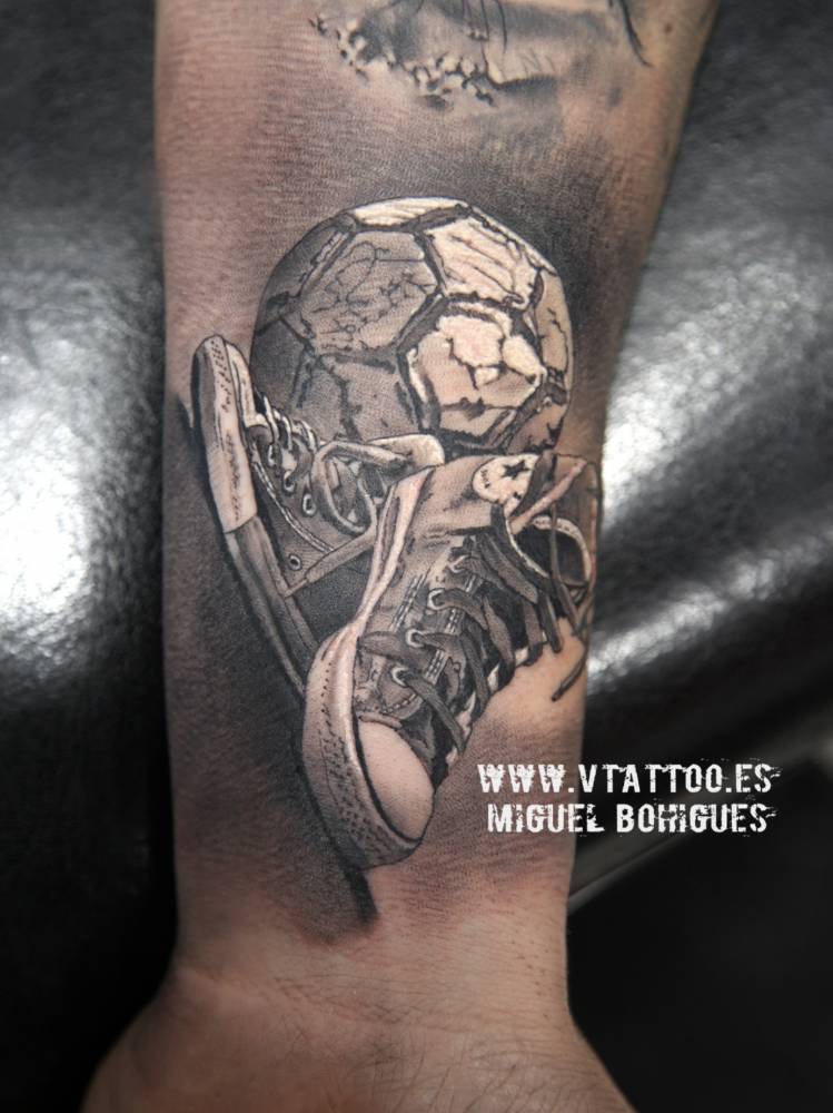 Amazing 3D Football And Shoes Tattoo On Wrist