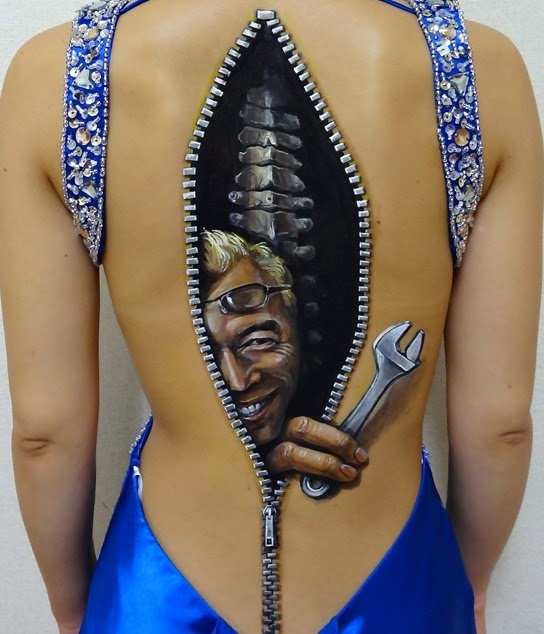 Amazing 3D Man With Spanner Zipper Tattoo On Spine Chord