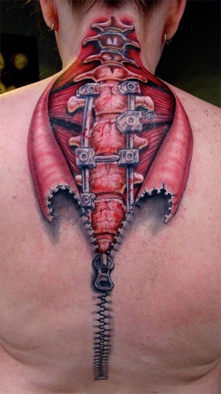 Amazing 3D Spine Zipper Tattoo On Back