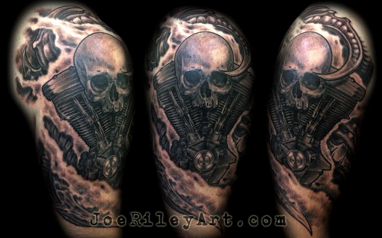 Amazing Biomechanic Skull Harley Tattoo On Half Sleeve