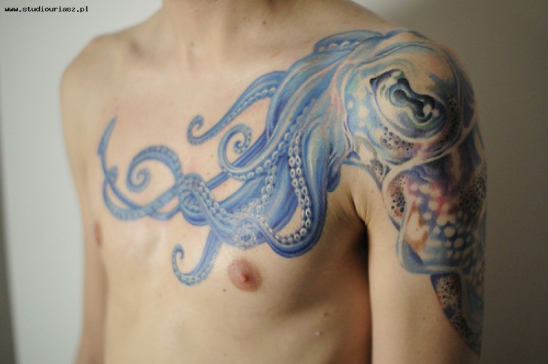 Amazing Blue Ink Octopus Tattoo On Chest And Shoulder