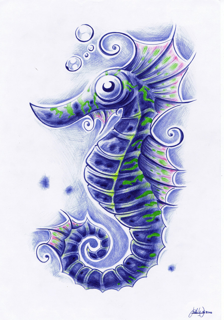 Amazing Blue Ink Seahorse Tattoo Design