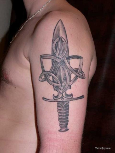 Amazing Grey Celtic Dagger Tattoo On Left Half Sleeve