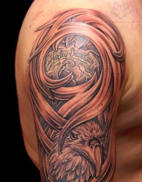 Amazing Grey Ink Harley And Eagle Tattoo On Right Half Sleeve