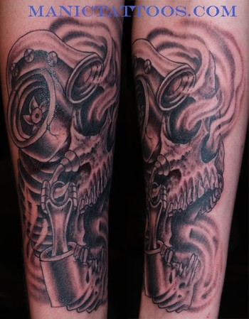 Amazing Grey Ink Skull And Turbo Tattoo