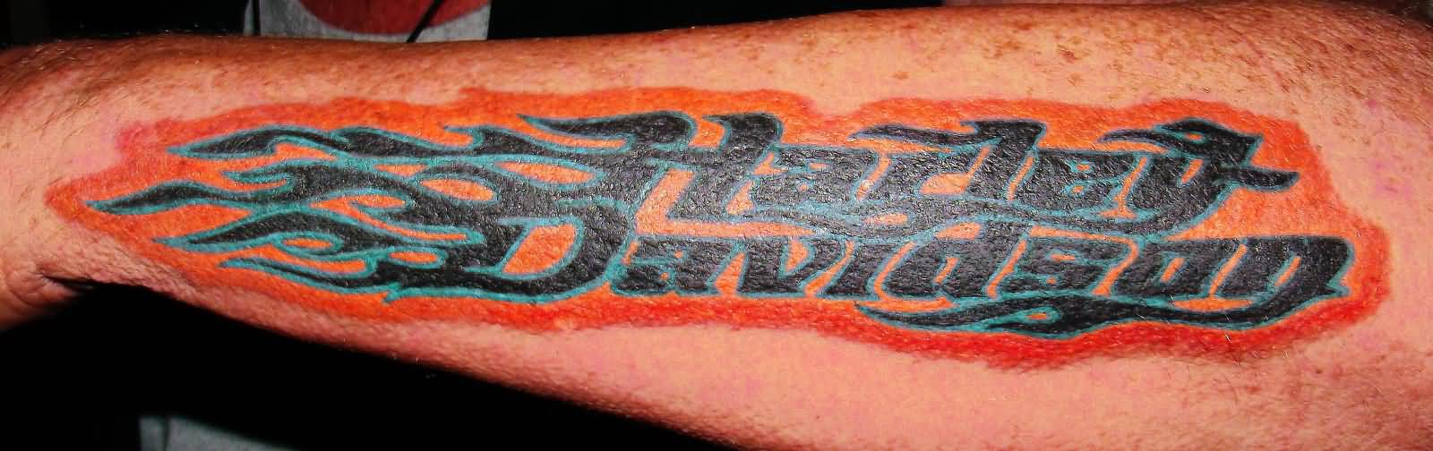 Amazing Harley Davidson Words Tattoo On Forearm