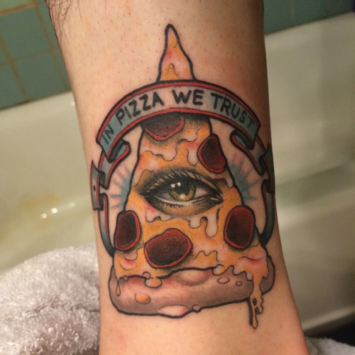 Amazing Illuminati Eye Pizza Piece With Banner Tattoo On Leg