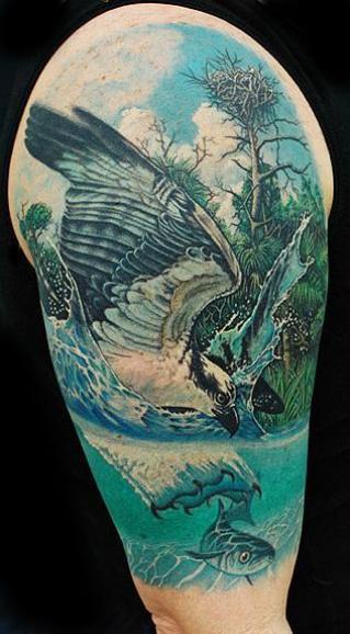 Amazing Realistic Bird Catch Fish Color Tattoo On Half Sleeve