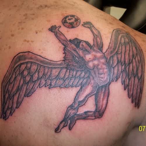 Angel Playing Football Tattoo On Right Back Shoulder