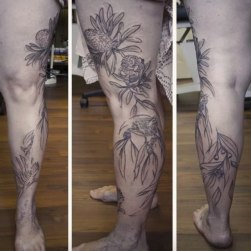 Attractive Flower Plant Tattoo On Leg